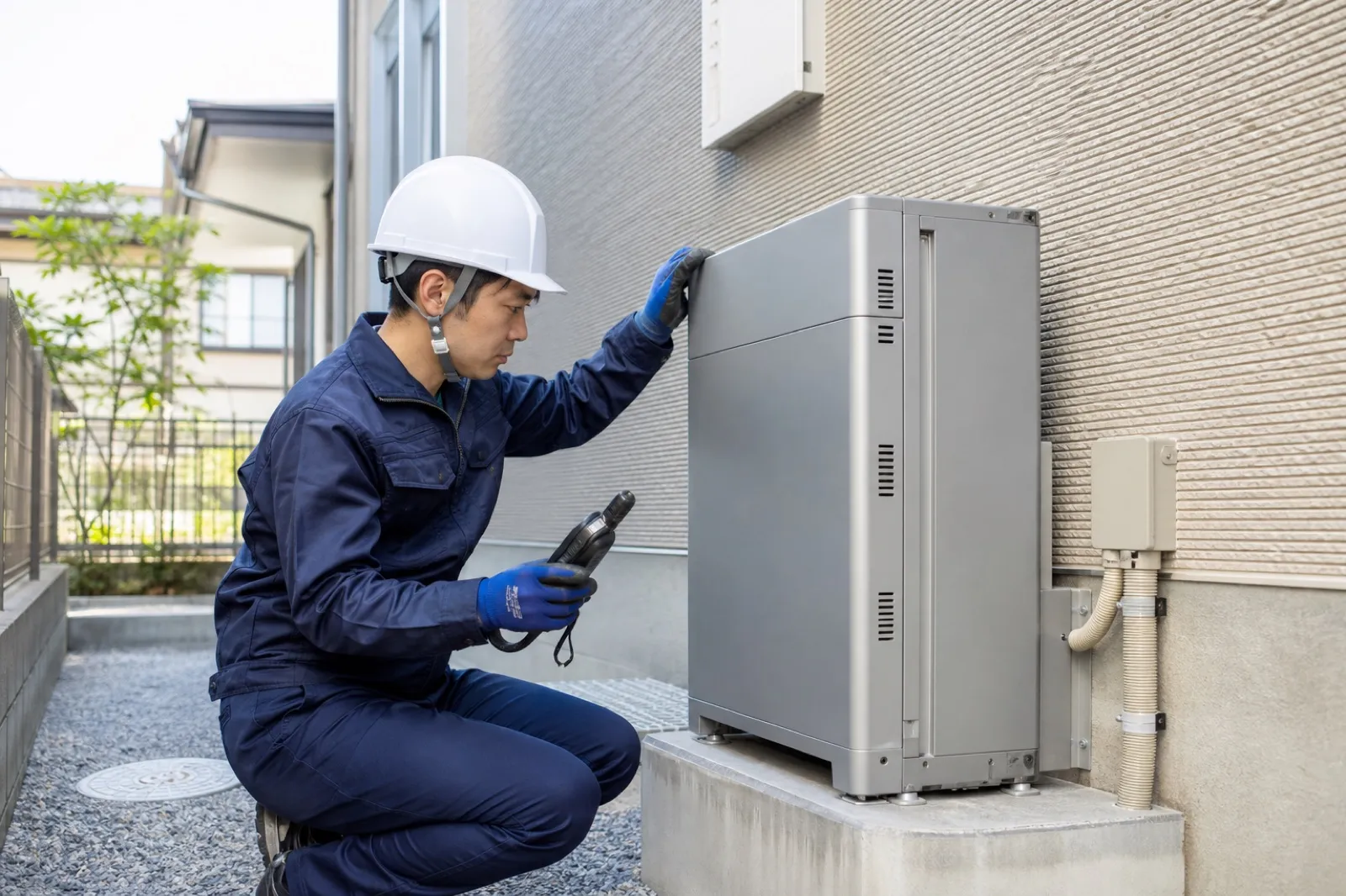 家庭用蓄電池の設置状態を点検する技術者