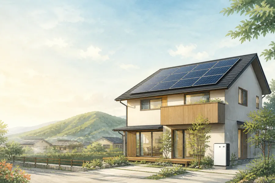 屋根の太陽光パネルと家庭用蓄電池のイメージ