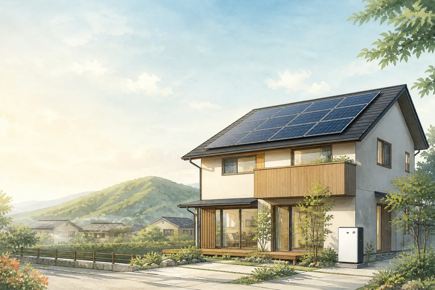 屋根に太陽光パネルを設置し、庭に家庭用蓄電池を備えた日本の住宅
