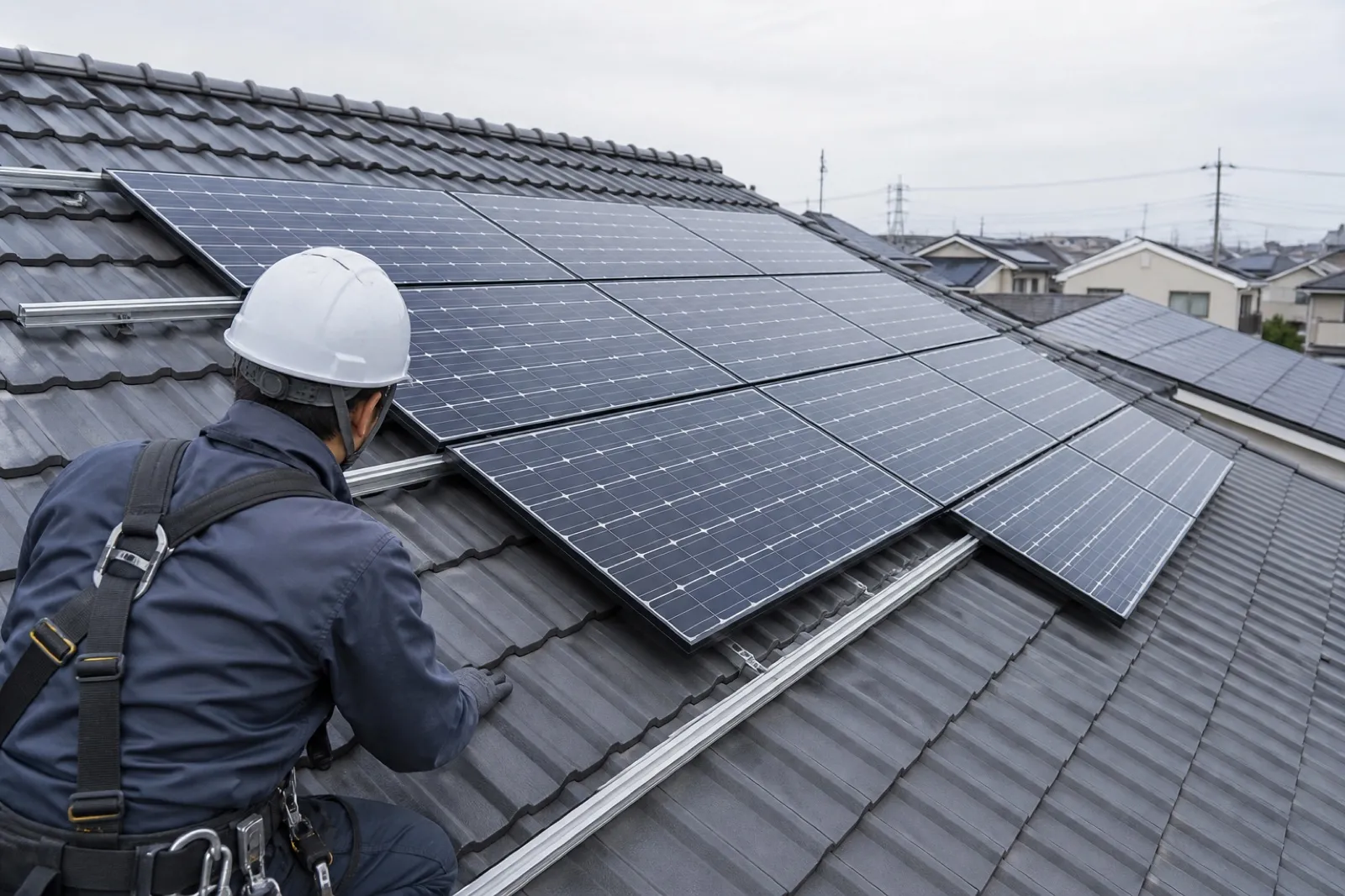 日本の住宅屋根で太陽光パネルの設置状態を確認する施工担当者
